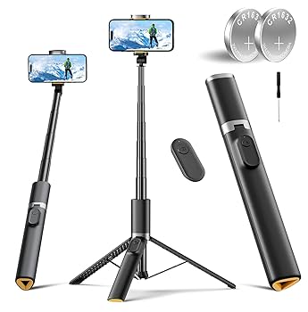 自撮りスティック+スマホホルダー+キンチャク袋 3点セット(白色キンチャク袋) Amazon | 自撮り棒 多機能スマホグリップ 四脚 安定感アップ 超